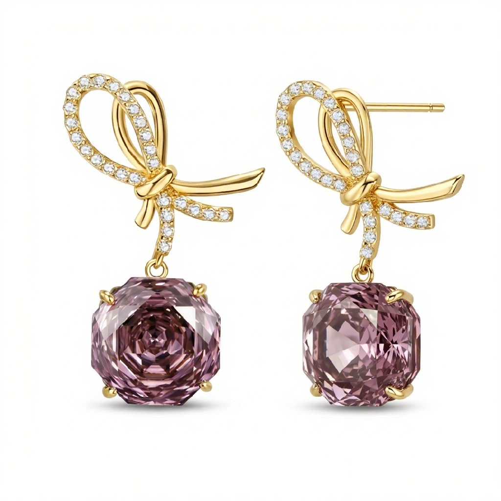 Bow-shaped Purple Red Rose Cut S925 Silver Drop Earrings Bow-shaped Purple Red Rose Cut S925 Silver Drop Earrings