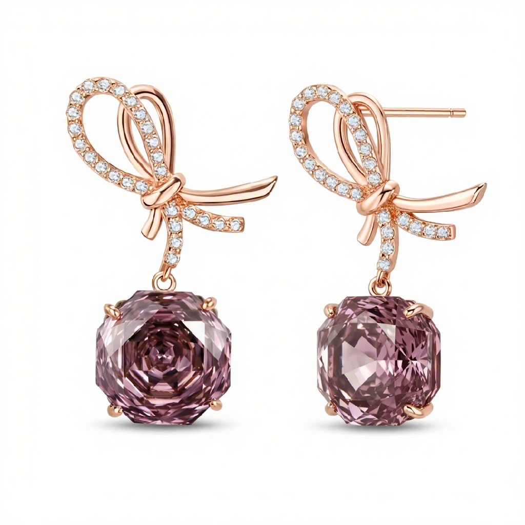 Bow-shaped Purple Red Rose Cut S925 Silver Drop Earrings Bow-shaped Purple Red Rose Cut S925 Silver Drop Earrings