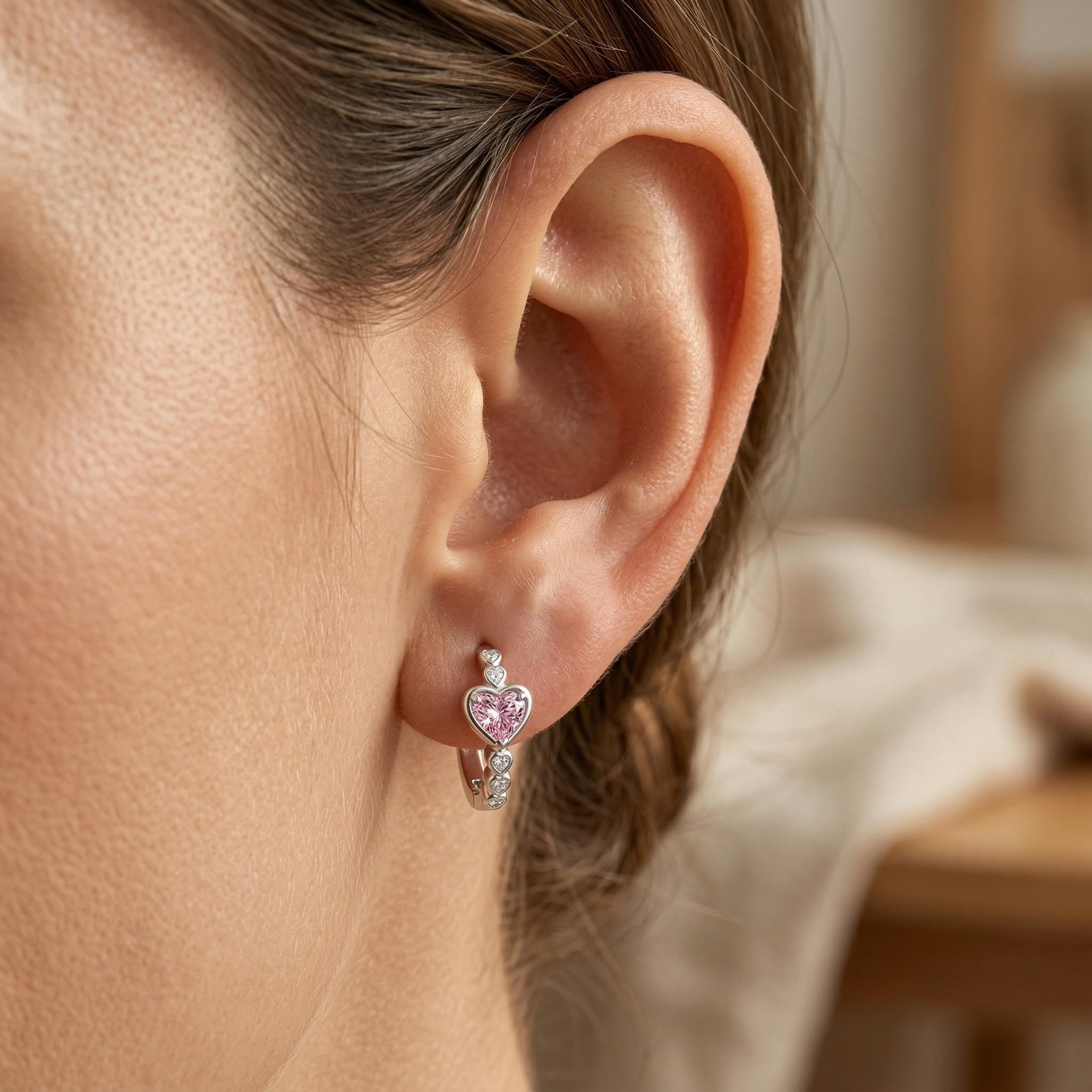 1.2 ct.tw Heart-shaped Sparkling Pink Heart Cut S925 Silver Hoop Earrings