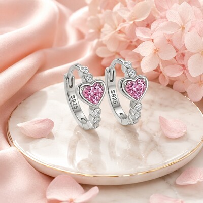 1.1 ct.tw. Heart-shaped Sparkling Pink Heart Cut S925 Silver Hoop Earrings