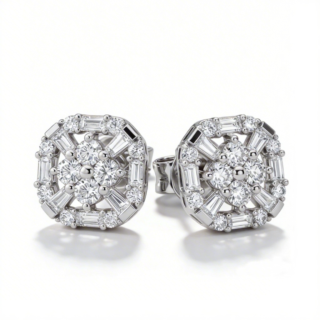 1.5 ct.tw Geometric Baguette & Round Cut S925 Silver Stud Earrings