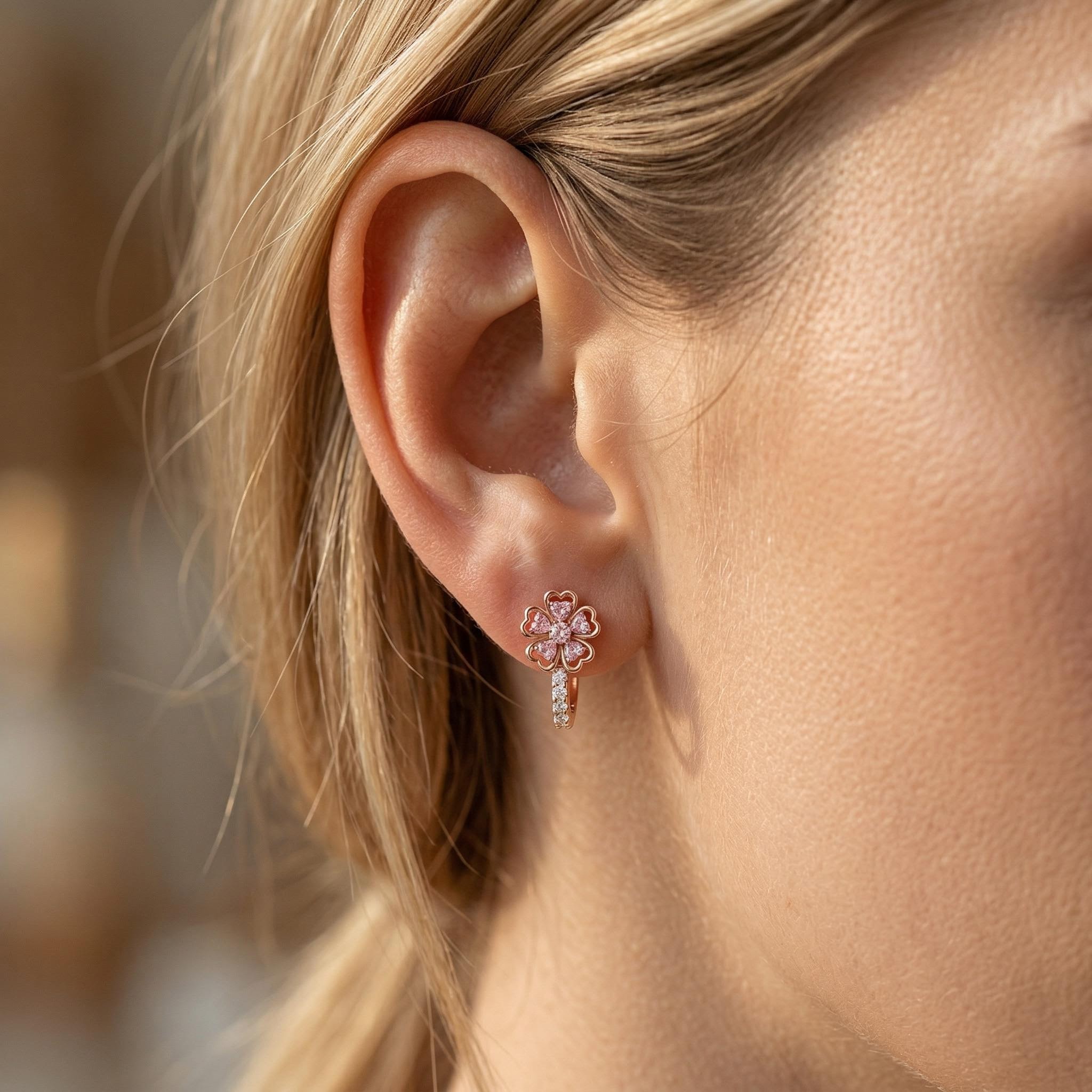 1.8 ct.tw Flora-shaped Pink Heart S925 Silver Hoop Earrings