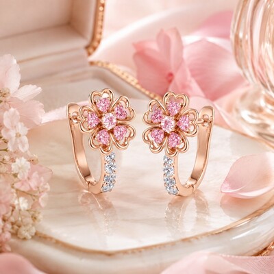 1.8 ct.tw. Flora-shaped Pink Heart S925 Silver Hoop Earrings