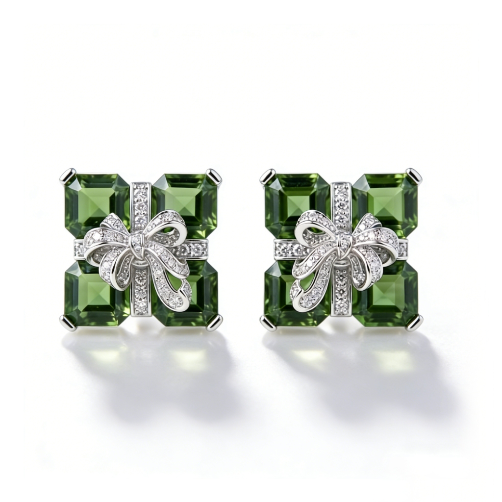 3.2 ct.tw Bow with Green Square Cut S925 Silver Stud Earrings
