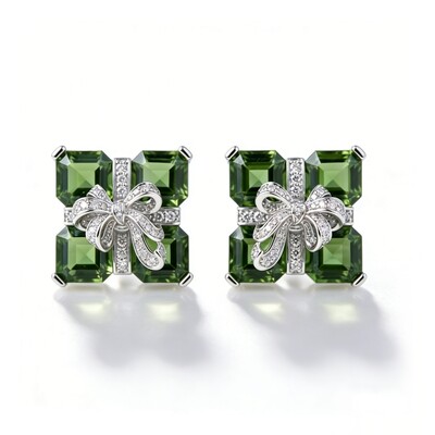 3.2 ct.tw Bow with Green Square Cut S925 Silver Stud Earrings
