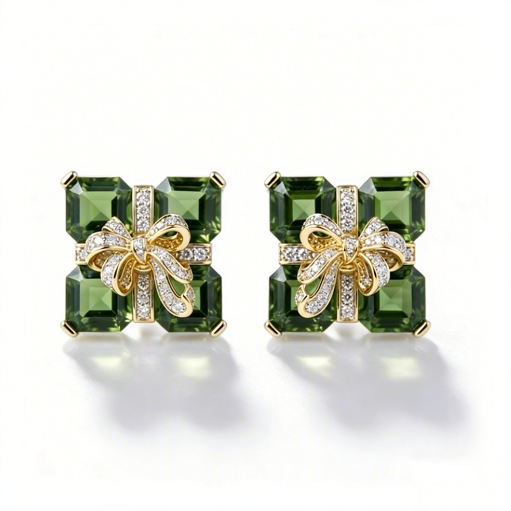 3.2 ct.tw Bow with Green Square Cut S925 Silver Stud Earrings
