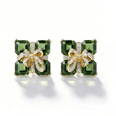 3.2 ct.tw Bow with Green Square Cut S925 Silver Stud Earrings