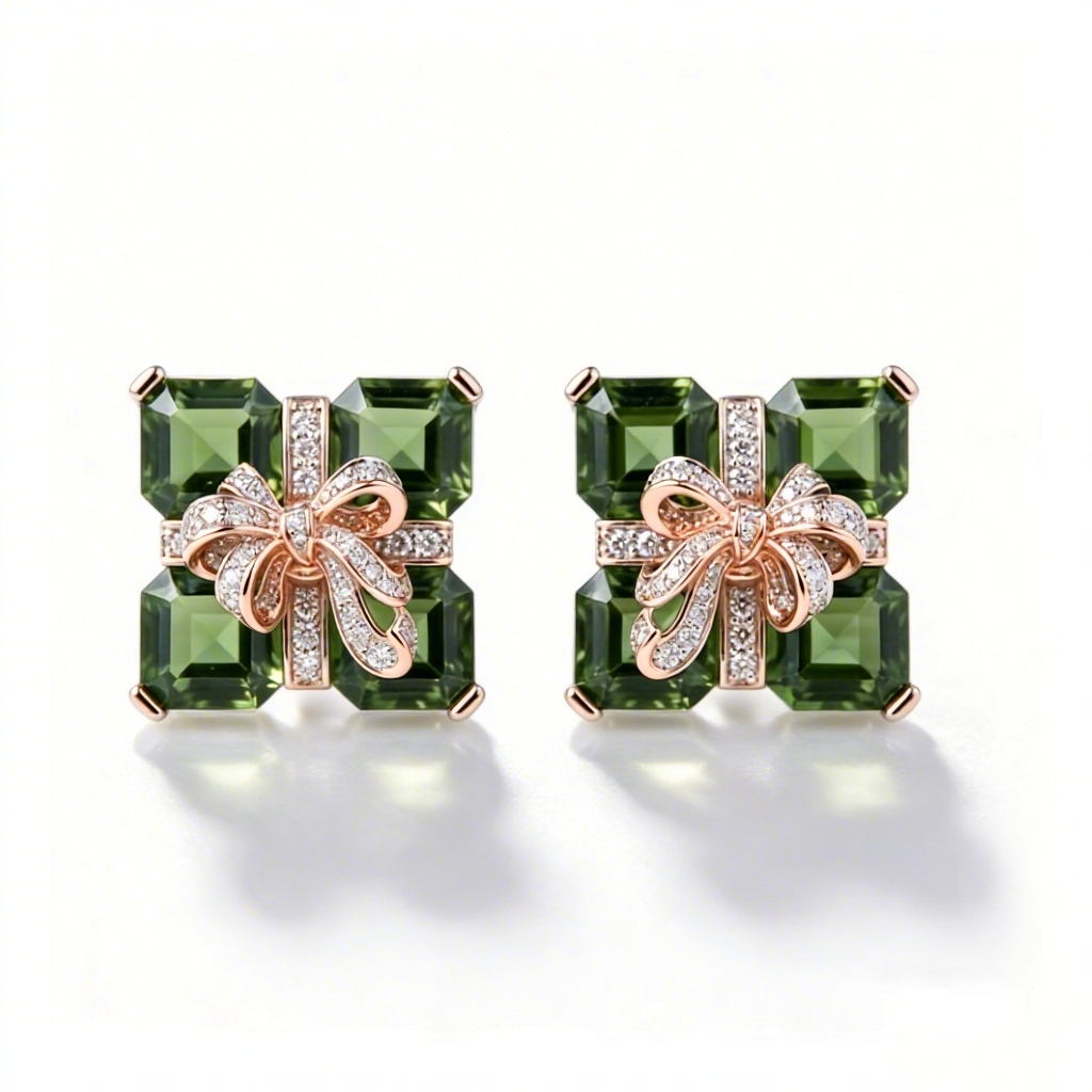 3.2 ct.tw Bow with Green Square Cut S925 Silver Stud Earrings