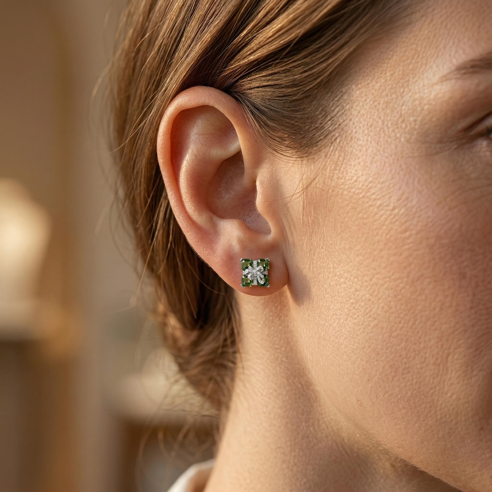 3.2 ct.tw Bow with Green Square Cut S925 Silver Stud Earrings