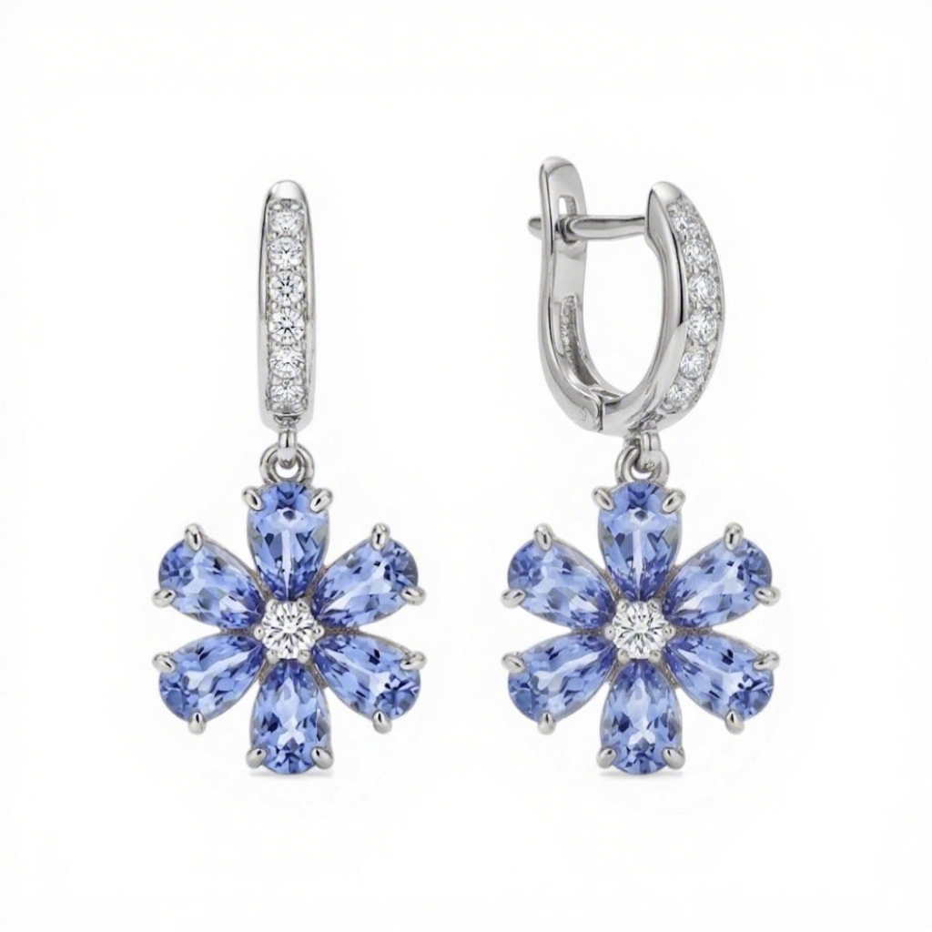 Floral Dangle Blue Teardrop S925 Silver Earrings