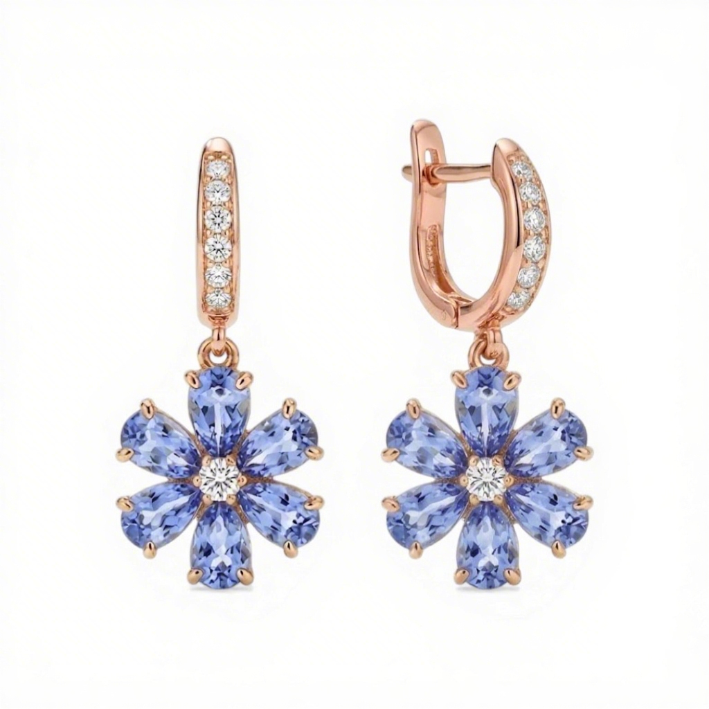 Floral Dangle Blue Teardrop S925 Silver Earrings