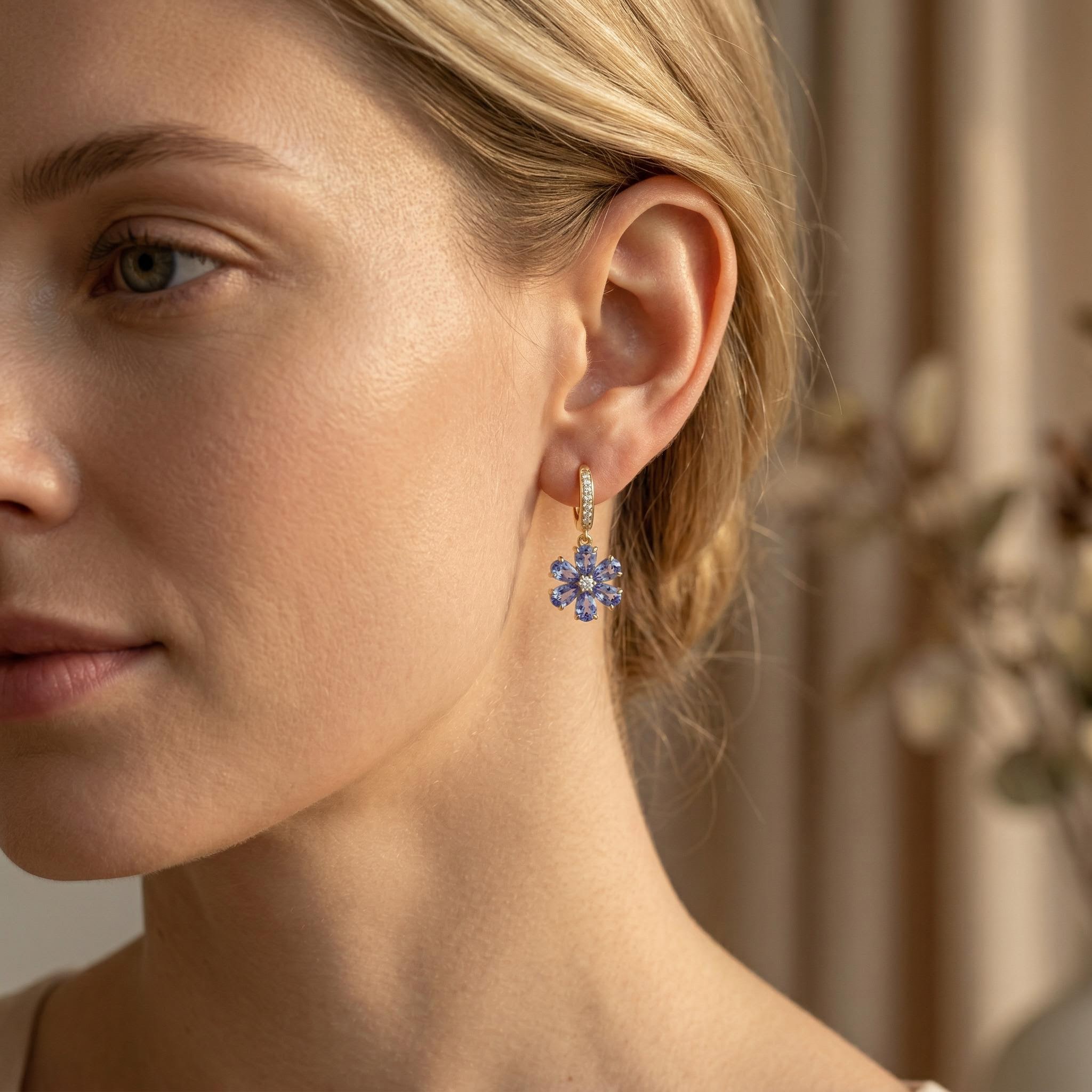 Floral Dangle Blue Teardrop S925 Silver Earrings