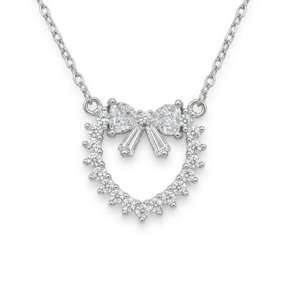 1.2Ct CTW Bowtie Heart-shaped Round &Baguette Cut VVS Moissanite S925 Silver Pendant Necklace