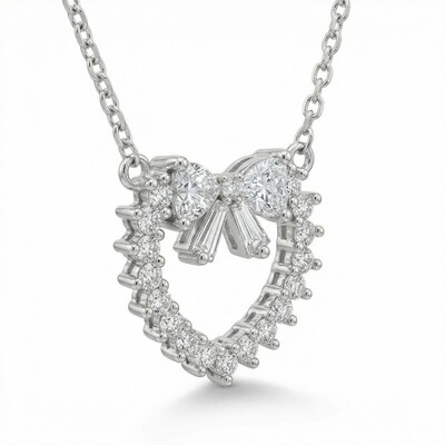 1.2Ct CTW Bowtie Heart-shaped Round &Baguette Cut VVS Moissanite S925 Silver Pendant Necklace