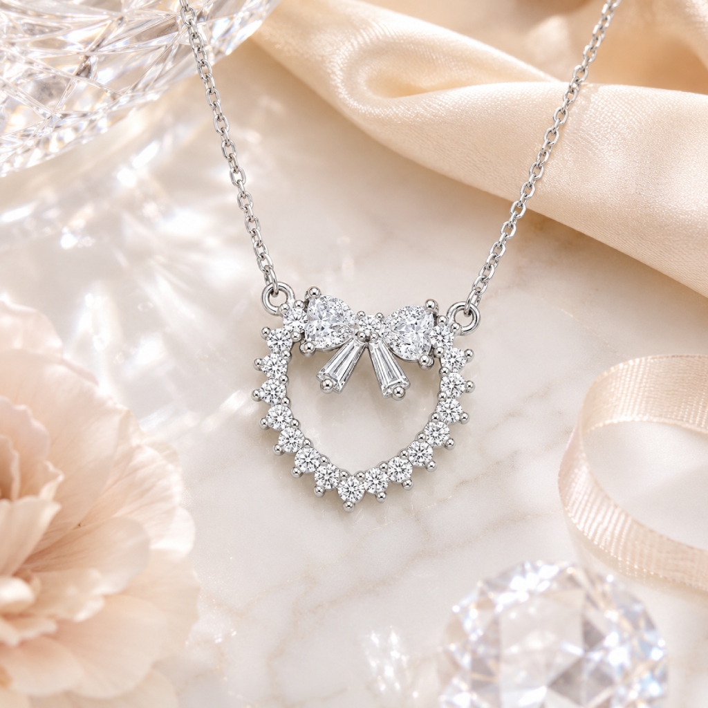 1.2ct. tw. Bowtie Heart-shaped Round &Baguette Cut VVS Moissanite S925 Silver Pendant Necklace