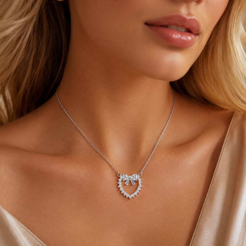 1.2ct. tw. Bowtie Heart-shaped Round &Baguette Cut VVS Moissanite S925 Silver Pendant Necklace