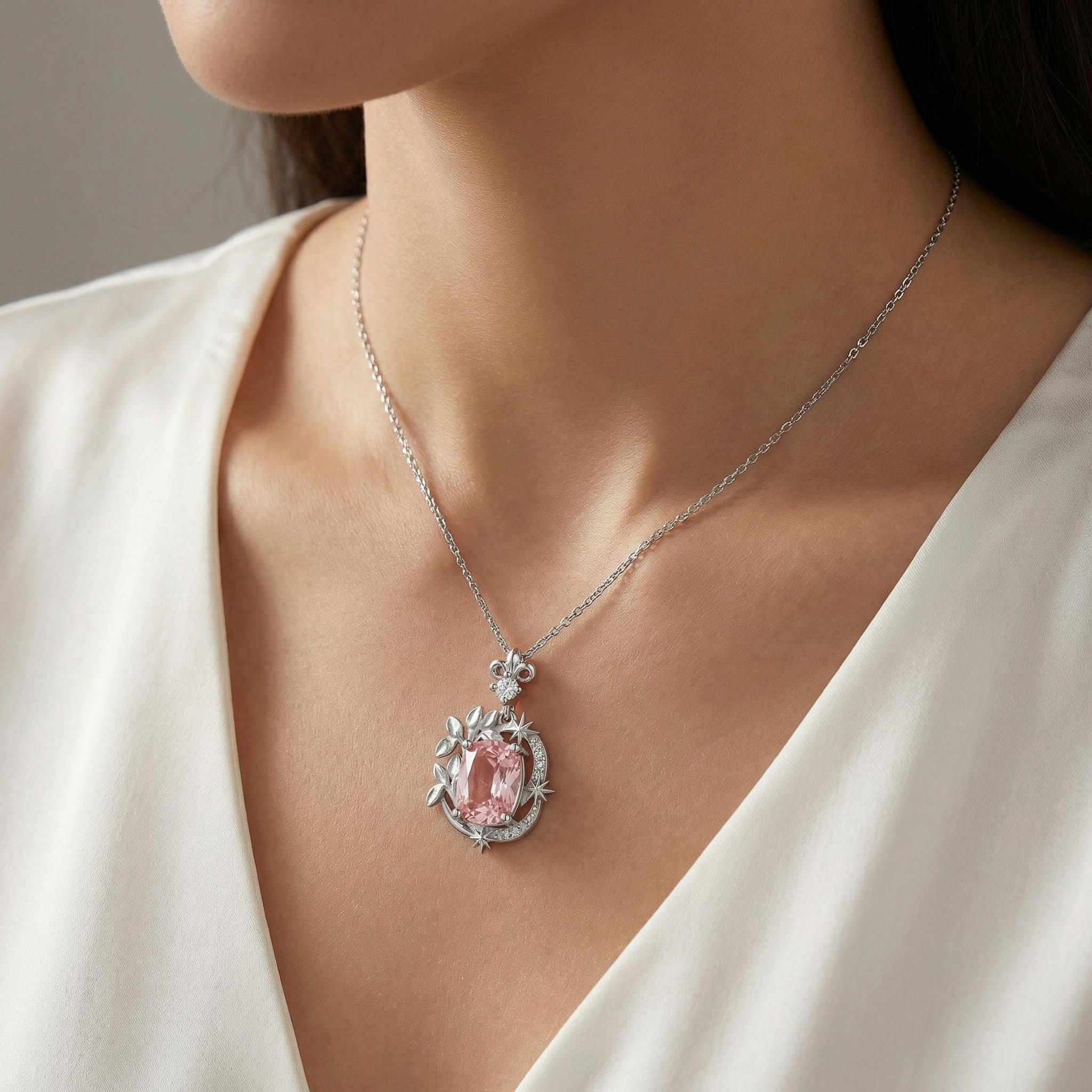 2.06Ct CTW Iris & North Star Pink Cushion Cut S925 Silver Pendant Necklace