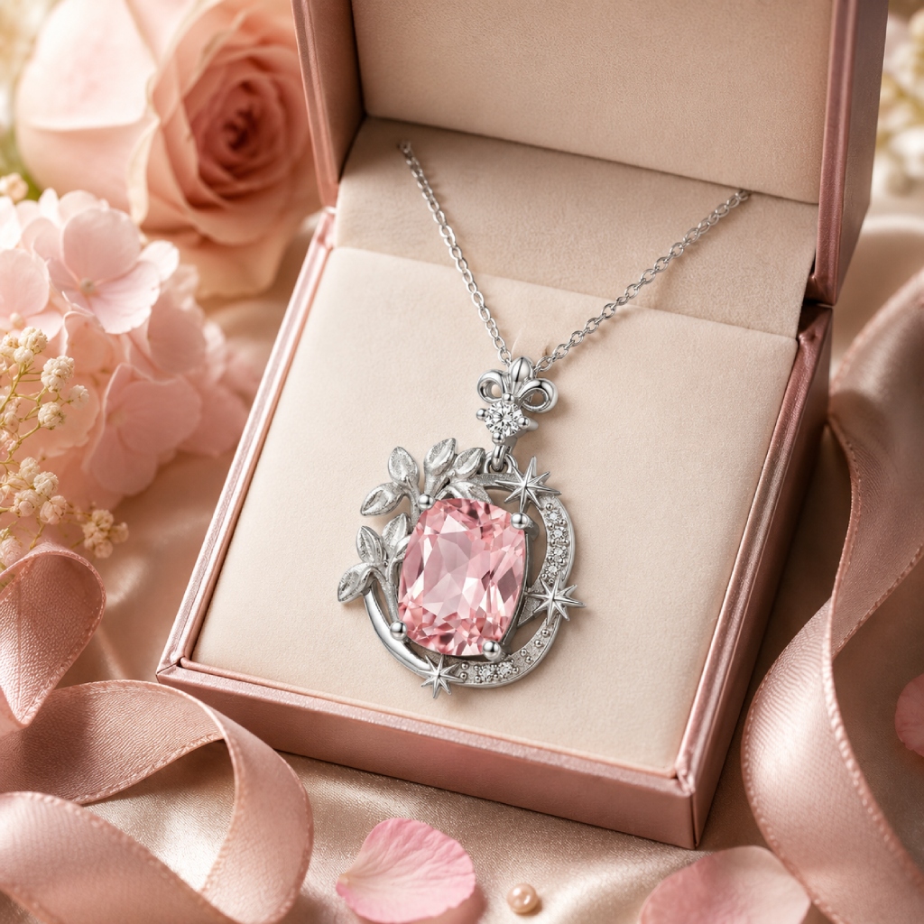 3.18ct. tw. Iris & North Star Pink Cushion Cut S925 Silver Pendant Necklace 3.18ct. tw. Iris & North Star Pink Cushion Cut S925 Silver Pendant Necklace