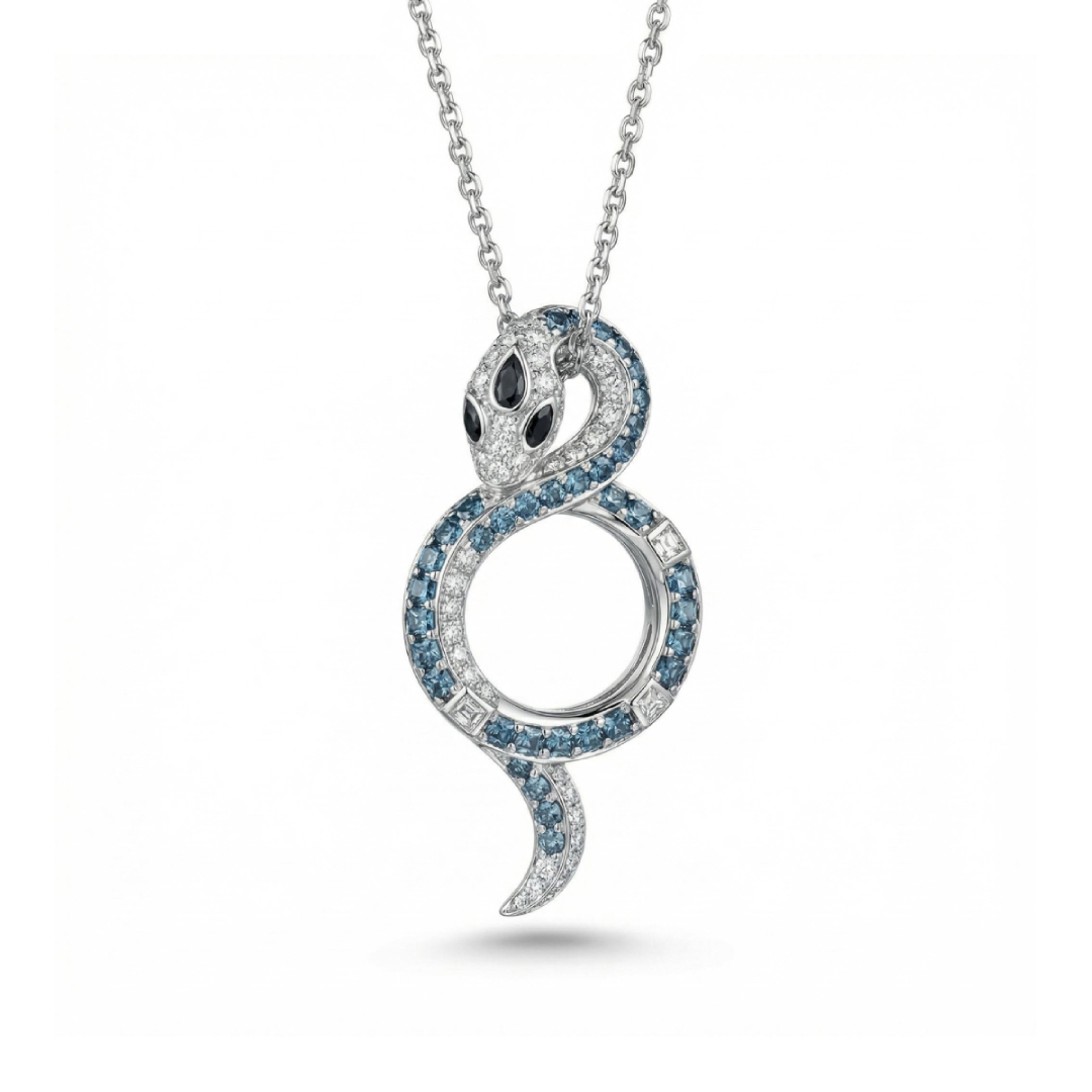 Coiled Snake Blue & White Round Cut S925 Silver Pendant Necklace