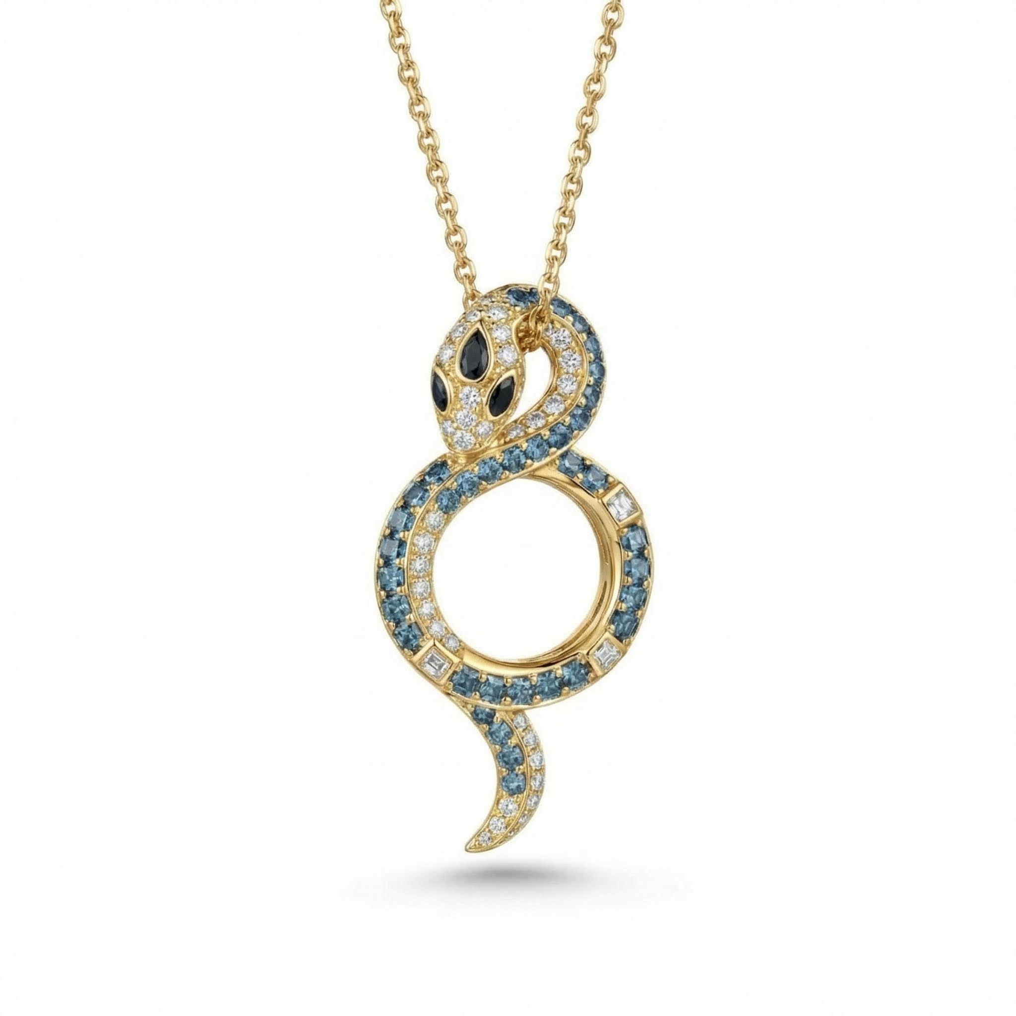 Coiled Snake Blue & White Round Cut S925 Silver Pendant Necklace