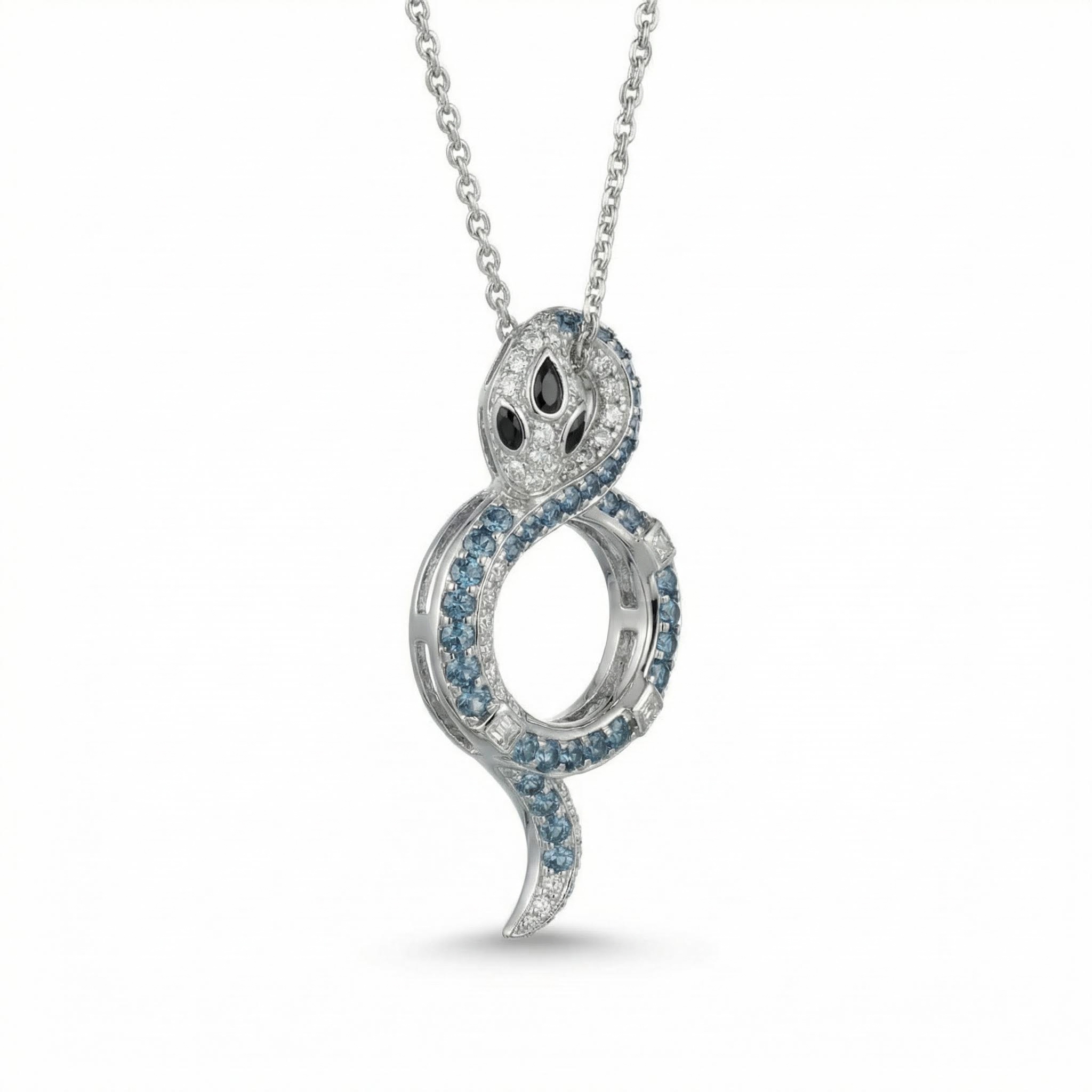 Coiled Snake Blue & White Round Cut S925 Silver Pendant Necklace