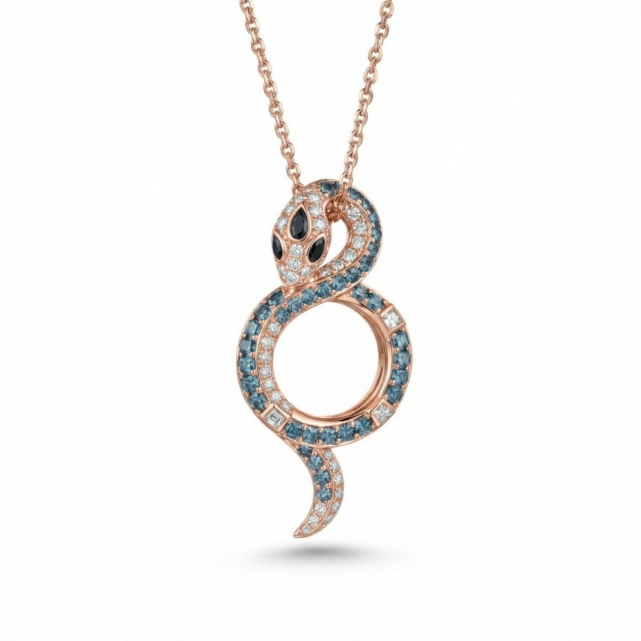 Coiled Snake Blue & White Round Cut S925 Silver Pendant Necklace