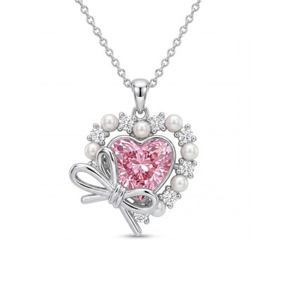 2.6Ct CTW Pink Heart Cut with Bowtie Pearl S925 Silver Pendant Necklace
