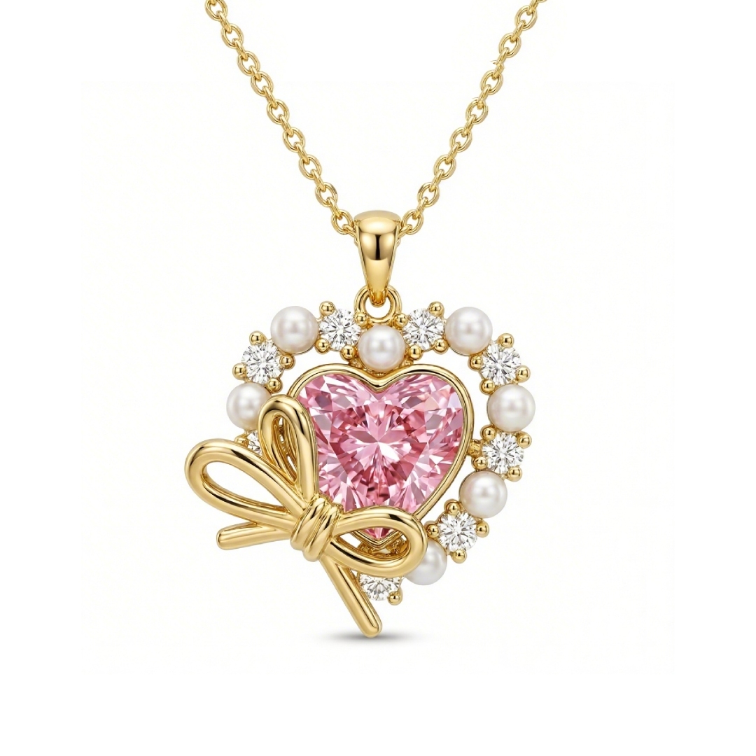 2.6Ct CTW Pink Heart Cut with Bowtie Pearl S925 Silver Pendant Necklace 2.6Ct CTW Pink Heart Cut with Bowtie Pearl S925 Silver Pendant Necklace