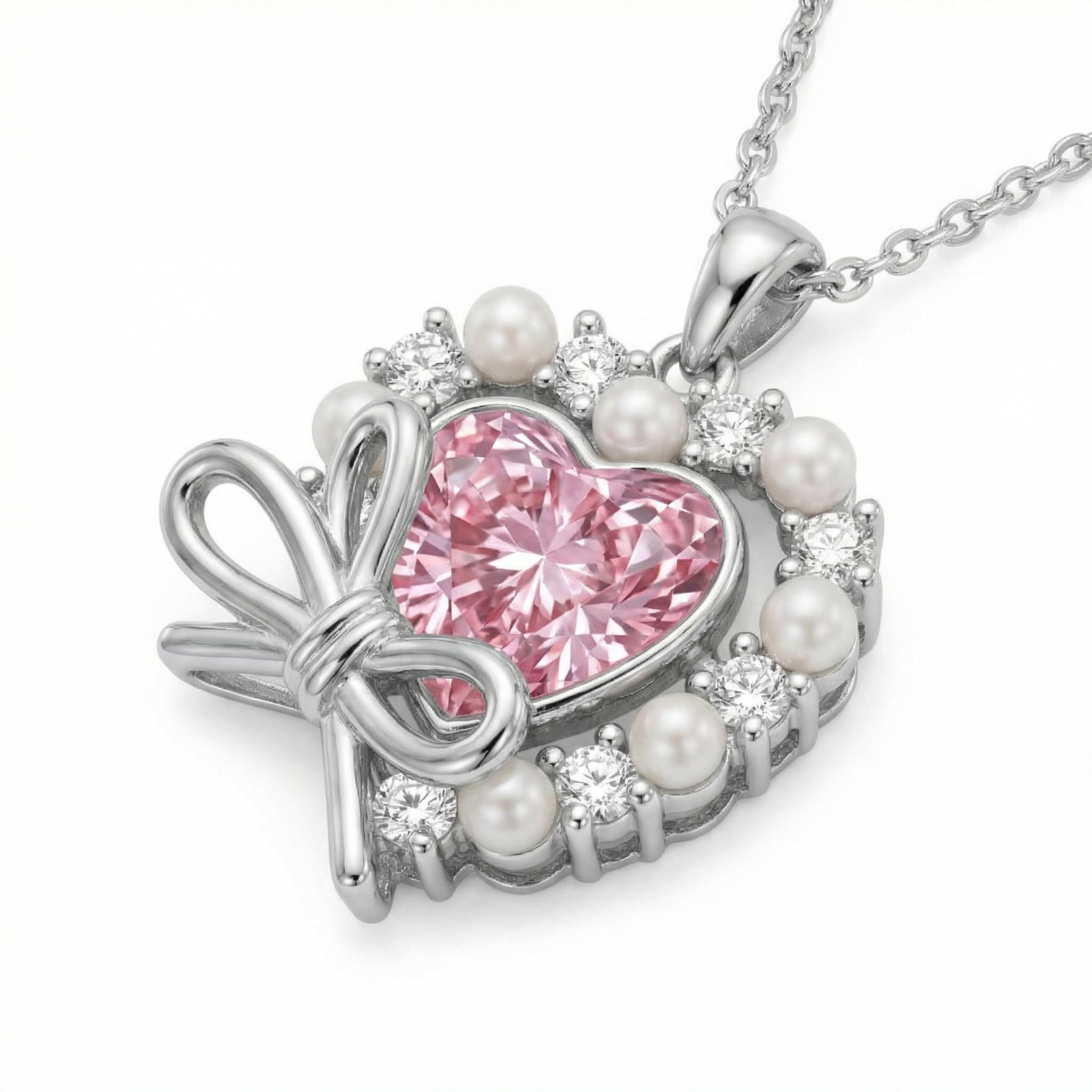 2.6Ct CTW Pink Heart Cut with Bowtie Pearl S925 Silver Pendant Necklace 2.6Ct CTW Pink Heart Cut with Bowtie Pearl S925 Silver Pendant Necklace