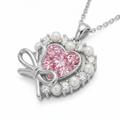 2.6Ct CTW Pink Heart Cut with Bowtie Pearl S925 Silver Pendant Necklace