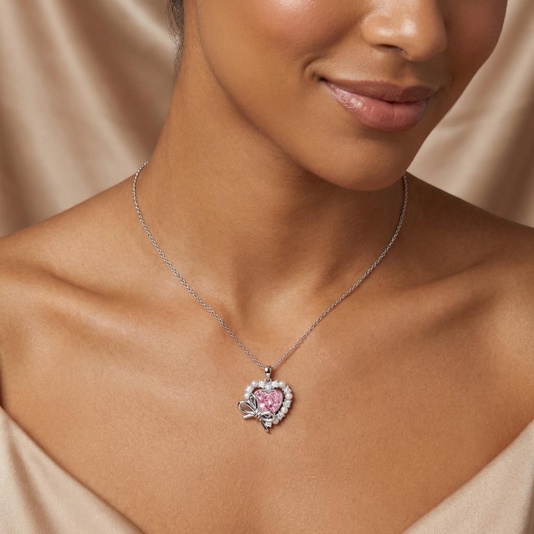 2.6Ct CTW Pink Heart Cut with Bowtie Pearl S925 Silver Pendant Necklace 2.6Ct CTW Pink Heart Cut with Bowtie Pearl S925 Silver Pendant Necklace