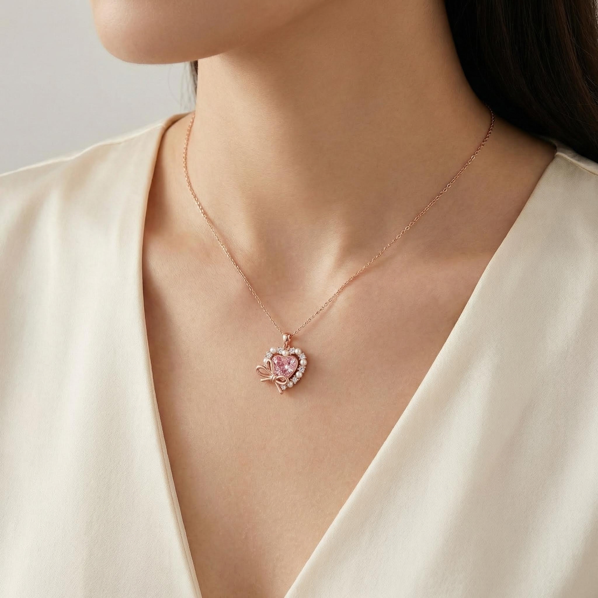 2.6Ct CTW Pink Heart Cut with Bowtie Pearl S925 Silver Pendant Necklace 2.6Ct CTW Pink Heart Cut with Bowtie Pearl S925 Silver Pendant Necklace