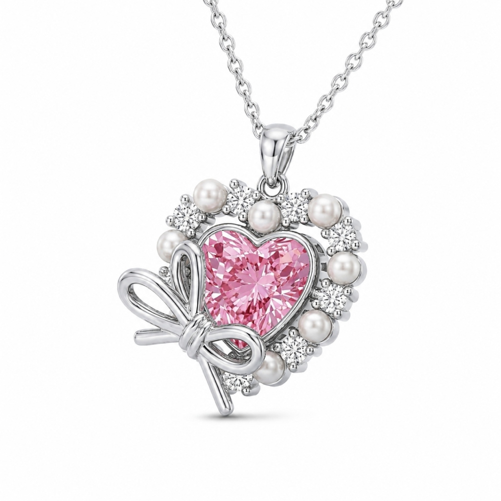 2.2ct. tw. Pink Heart Cut with Bowtie Pearl S925 Silver Pendant Necklace