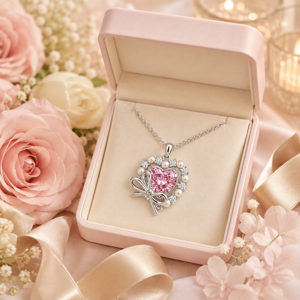 2.2ct. tw. Pink Heart Cut with Bowtie Pearl S925 Silver Pendant Necklace