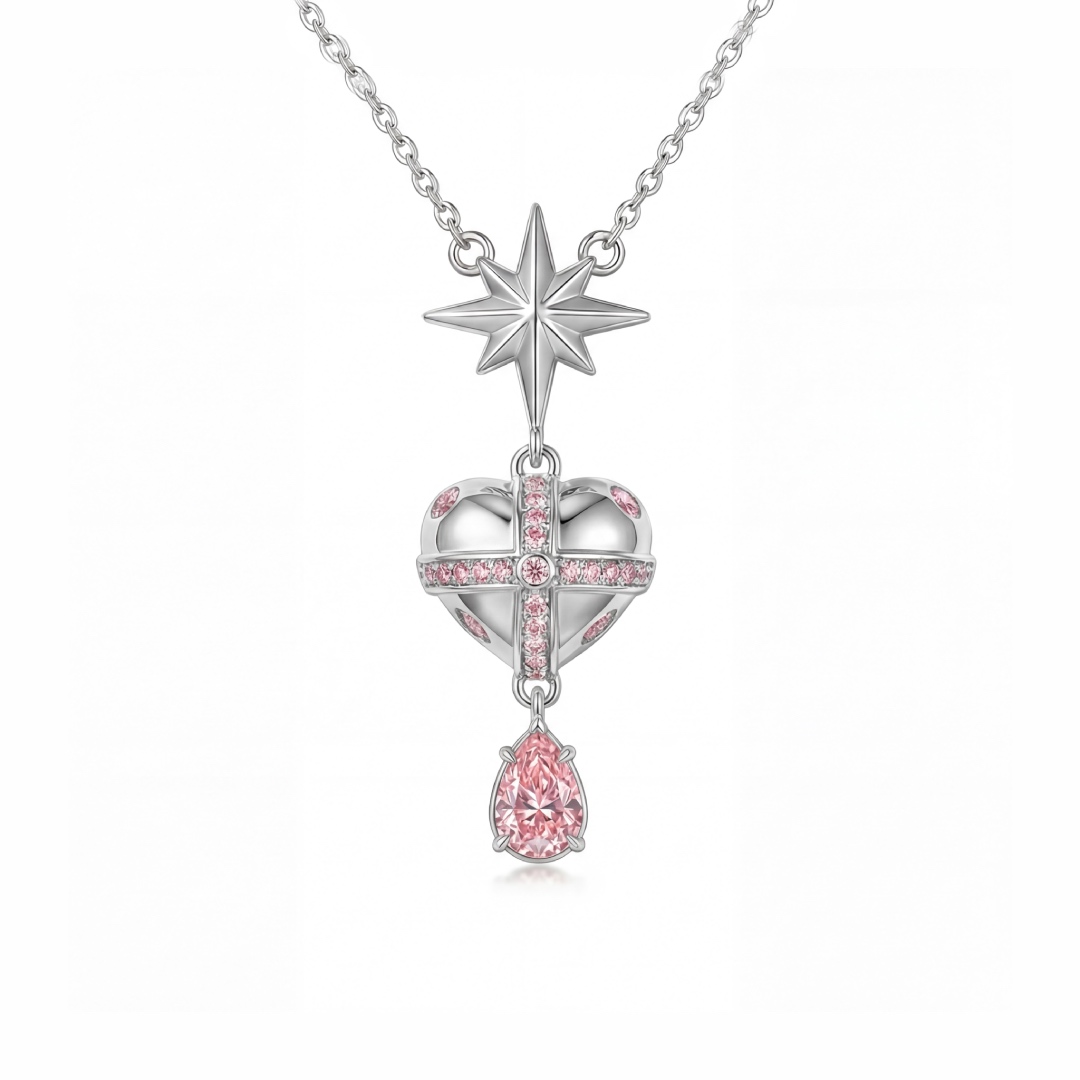 Star-heart Design Pink Pear Cut S925 Silver Pendant Necklace Star-heart Design Pink Pear Cut S925 Silver Pendant Necklace