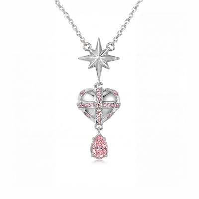 Star-heart Design Pink Pear Cut S925 Silver Pendant Necklace