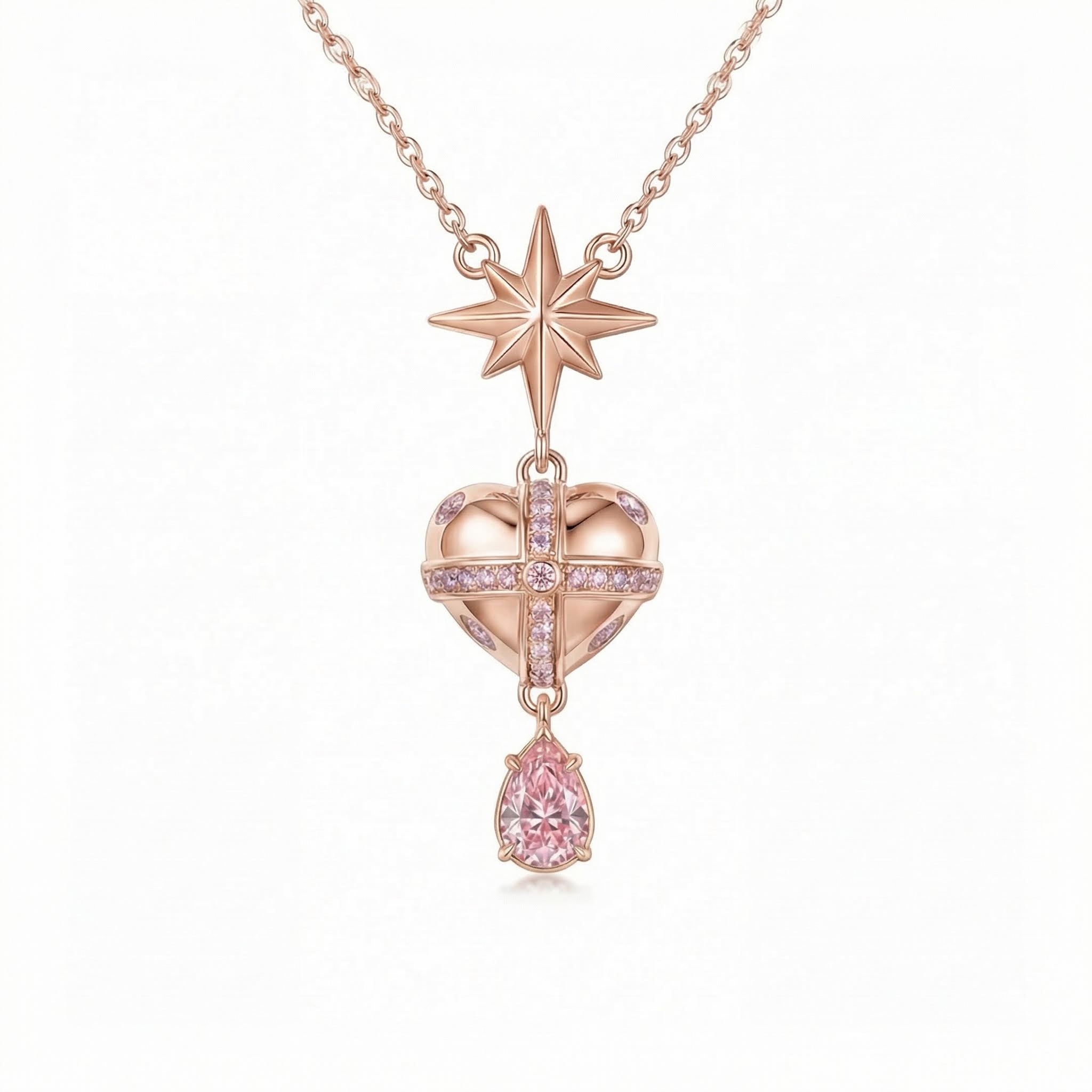 Star-heart Design Pink Pear Cut S925 Silver Pendant Necklace Star-heart Design Pink Pear Cut S925 Silver Pendant Necklace