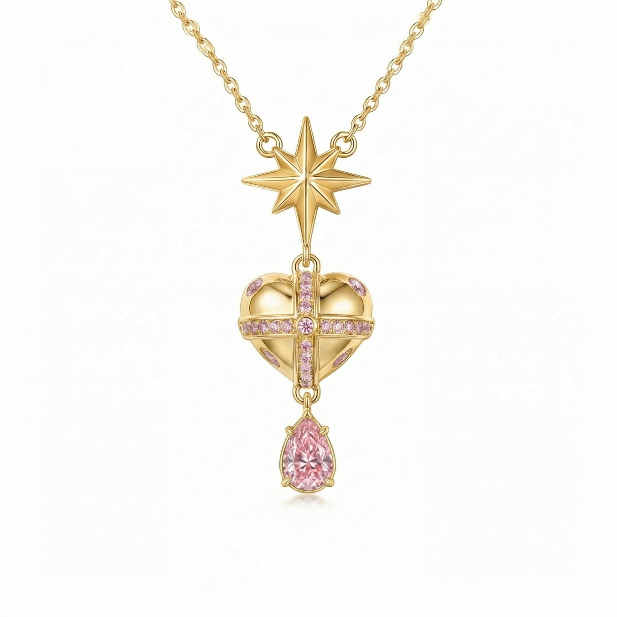Star-heart Design Pink Pear Cut S925 Silver Pendant Necklace Star-heart Design Pink Pear Cut S925 Silver Pendant Necklace