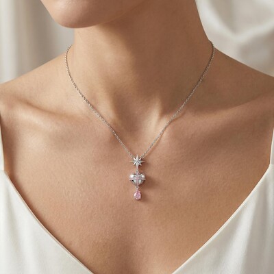 Star-heart Design Pink Pear Cut S925 Silver Pendant Necklace
