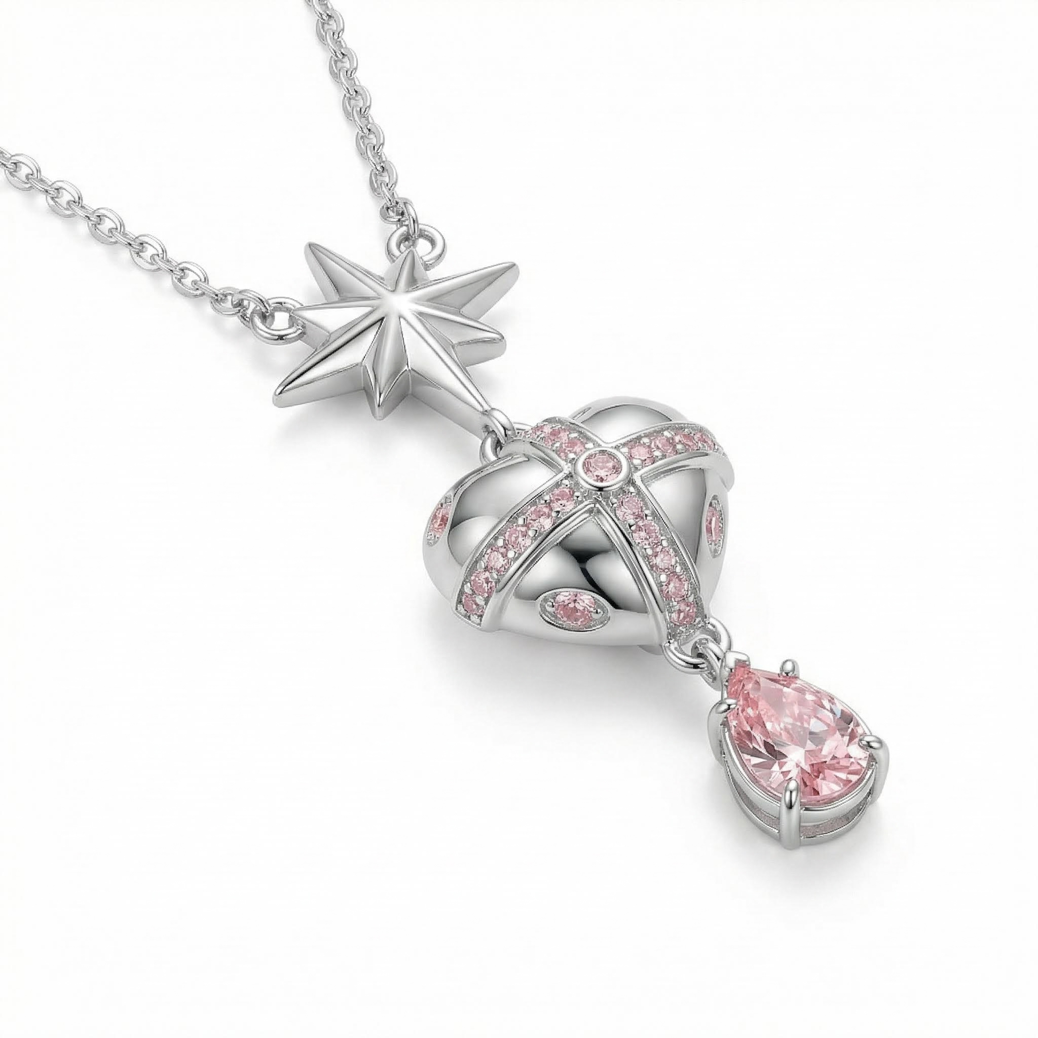 Star-heart Design Pink Pear Cut S925 Silver Pendant Necklace Star-heart Design Pink Pear Cut S925 Silver Pendant Necklace