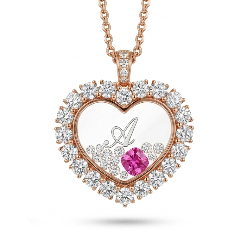 Personalized Birthstone & Letters Heart Shaped Dancing Diamonds  S925 Silver Pendant