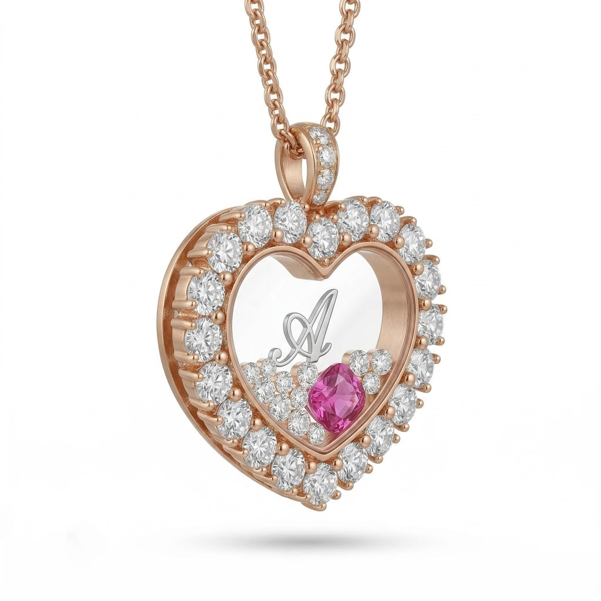 Personalized Birthstone & Letters Heart Shaped Dancing Diamonds  S925 Silver Pendant