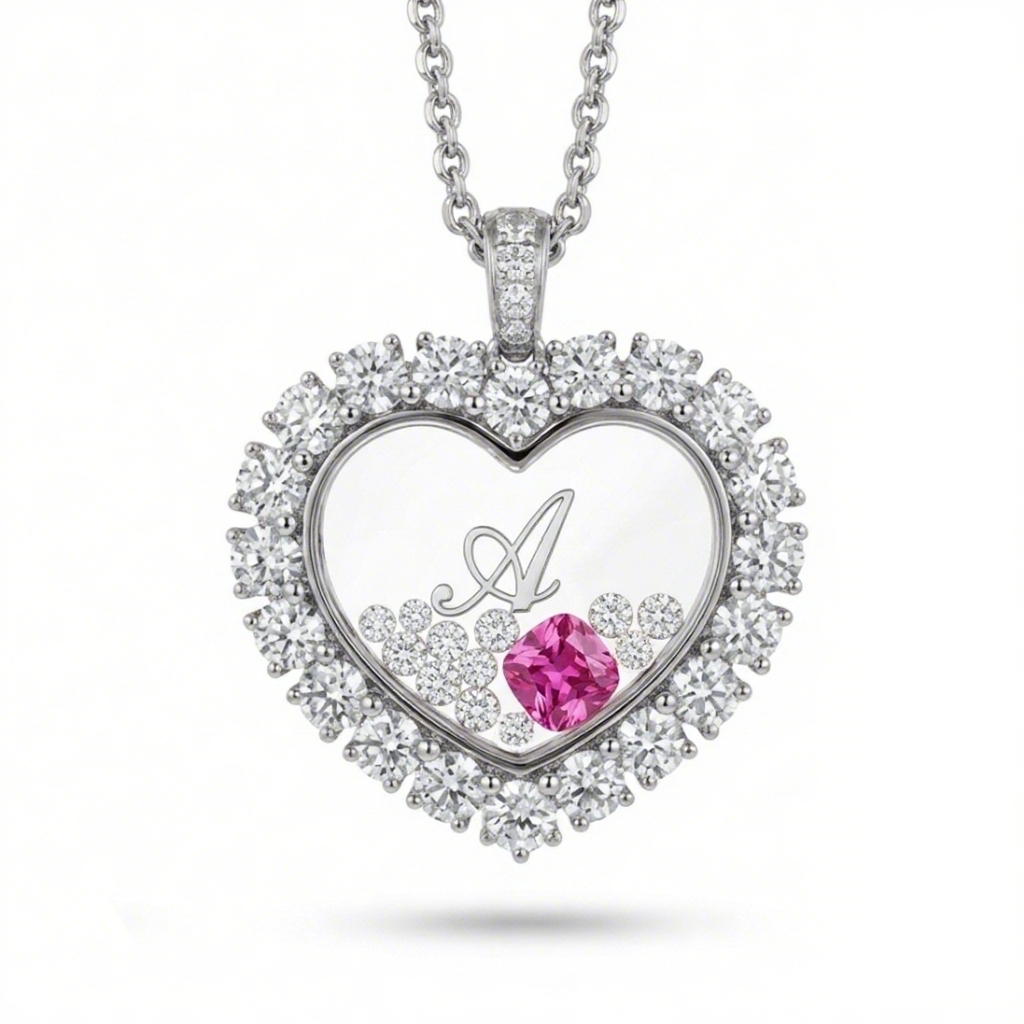 Personalized Birthstone & Letters Heart Shaped Dancing Diamonds  S925 Silver Pendant