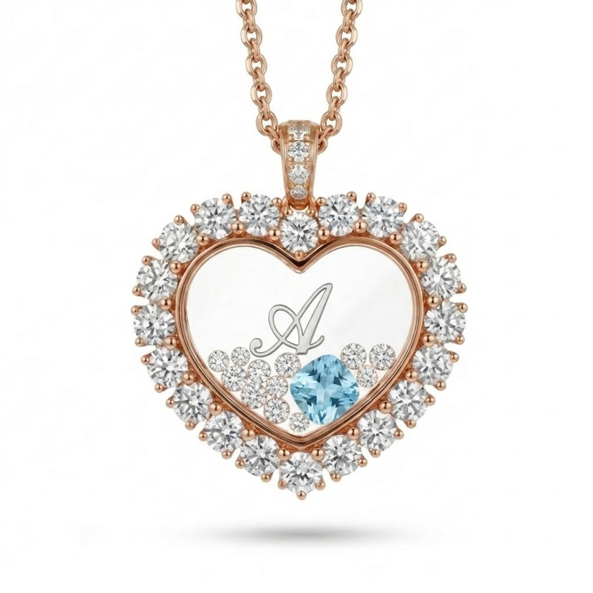Personalized Birthstone & Letters Heart Shaped Dancing Diamonds  S925 Silver Pendant