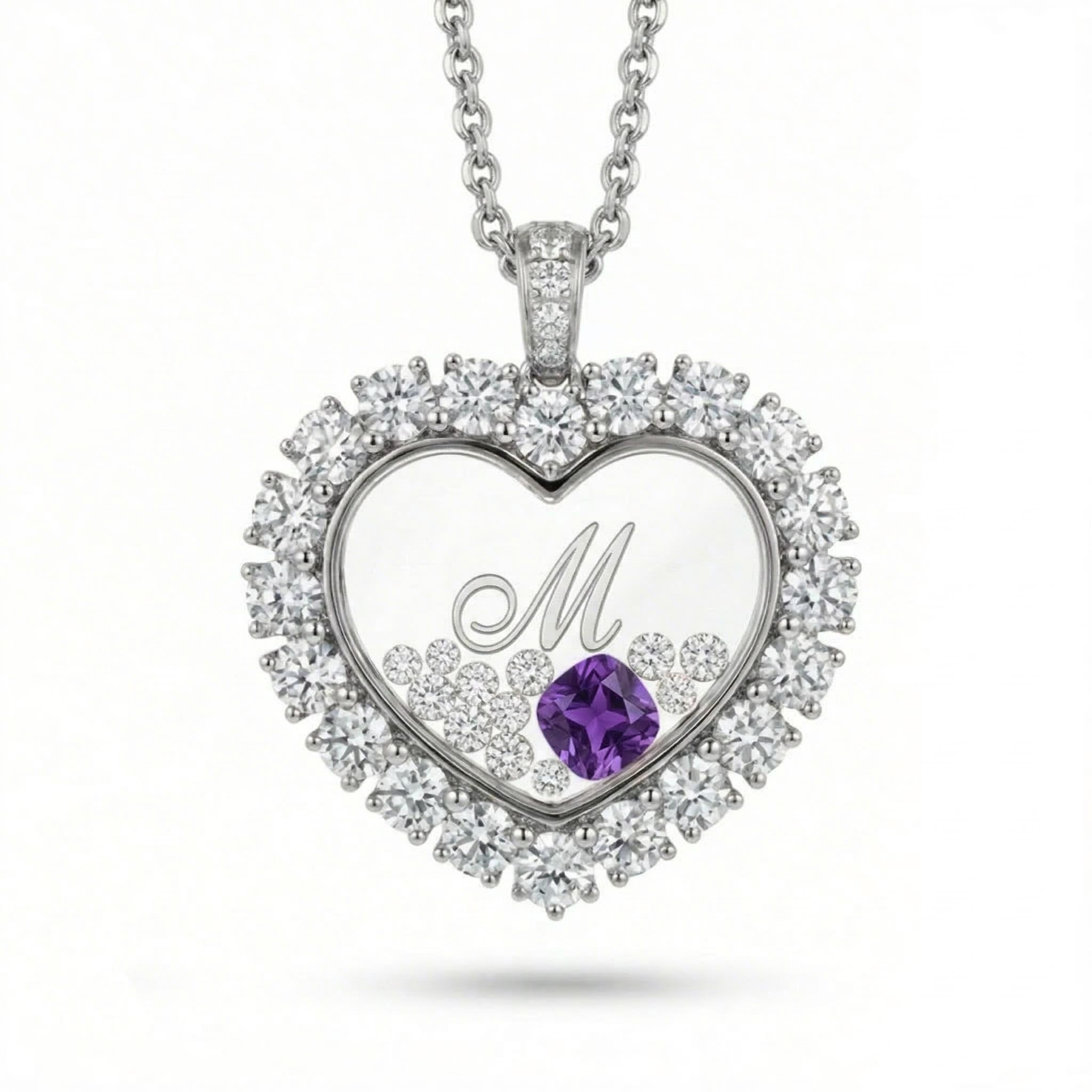 Personalized Birthstone & Letters Heart Shaped Dancing Diamonds  S925 Silver Pendant