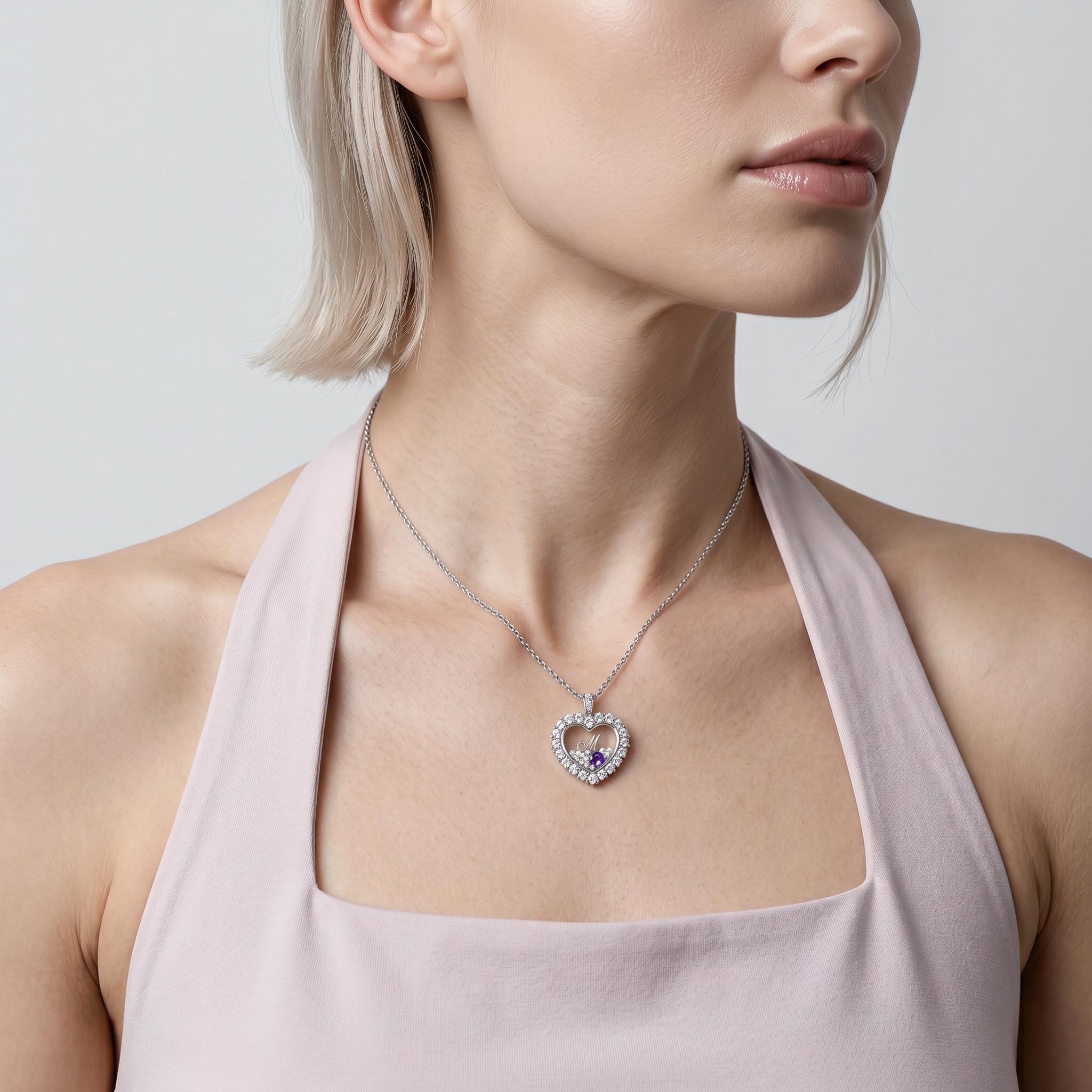 Personalized Birthstone & Letters Heart Shaped Dancing Diamonds  S925 Silver Pendant