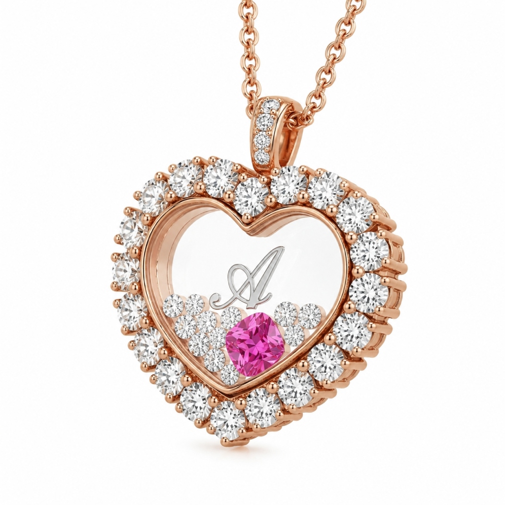 1.04CT Personalized Birthstone & Letters Heart Shaped Dancing Diamonds  S925 Silver Pendant
