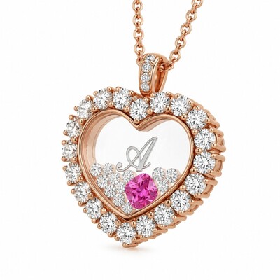 1.04CT Personalized Birthstone & Letters Heart Shaped Dancing Diamonds  S925 Silver Pendant