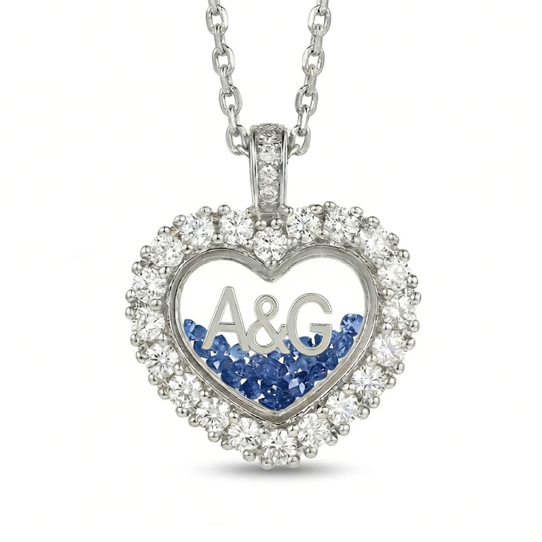 Personalized Name & Number Birthstone Heart Shaped  Dancing Diamonds S925 Silver Pendant