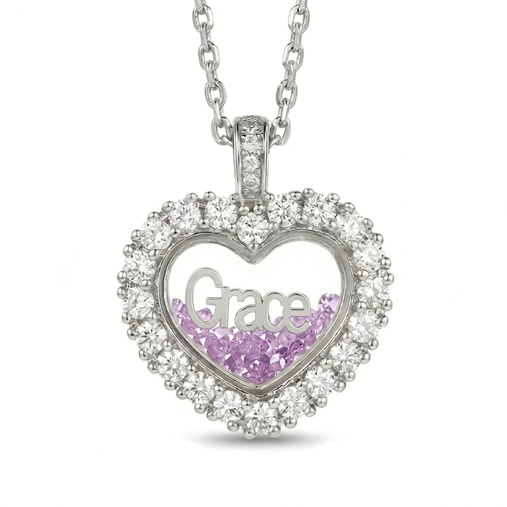 Personalized Name & Number Birthstone Heart Shaped  Dancing Diamonds S925 Silver Pendant